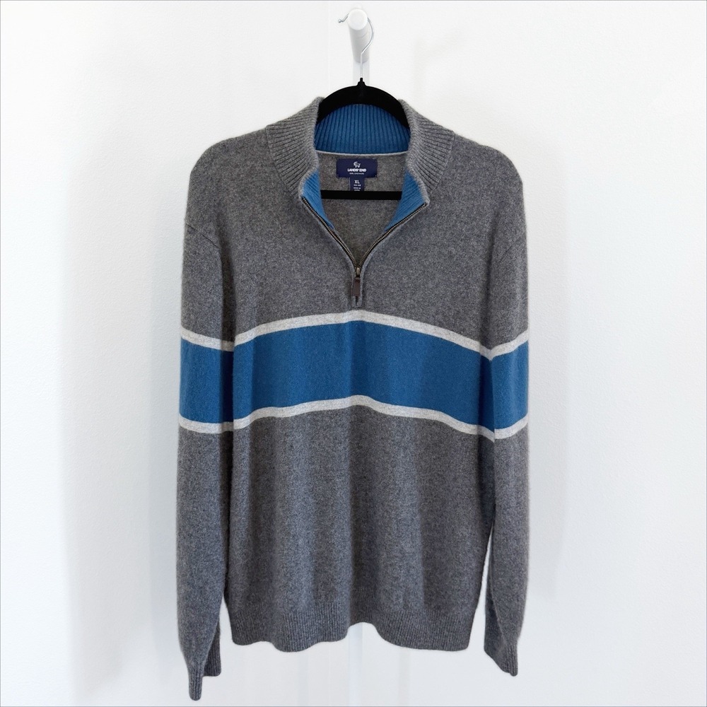 Lands End 100% Cashmere Sweater Mens XL Blue Gray Striped Quarter Zip Luxury
